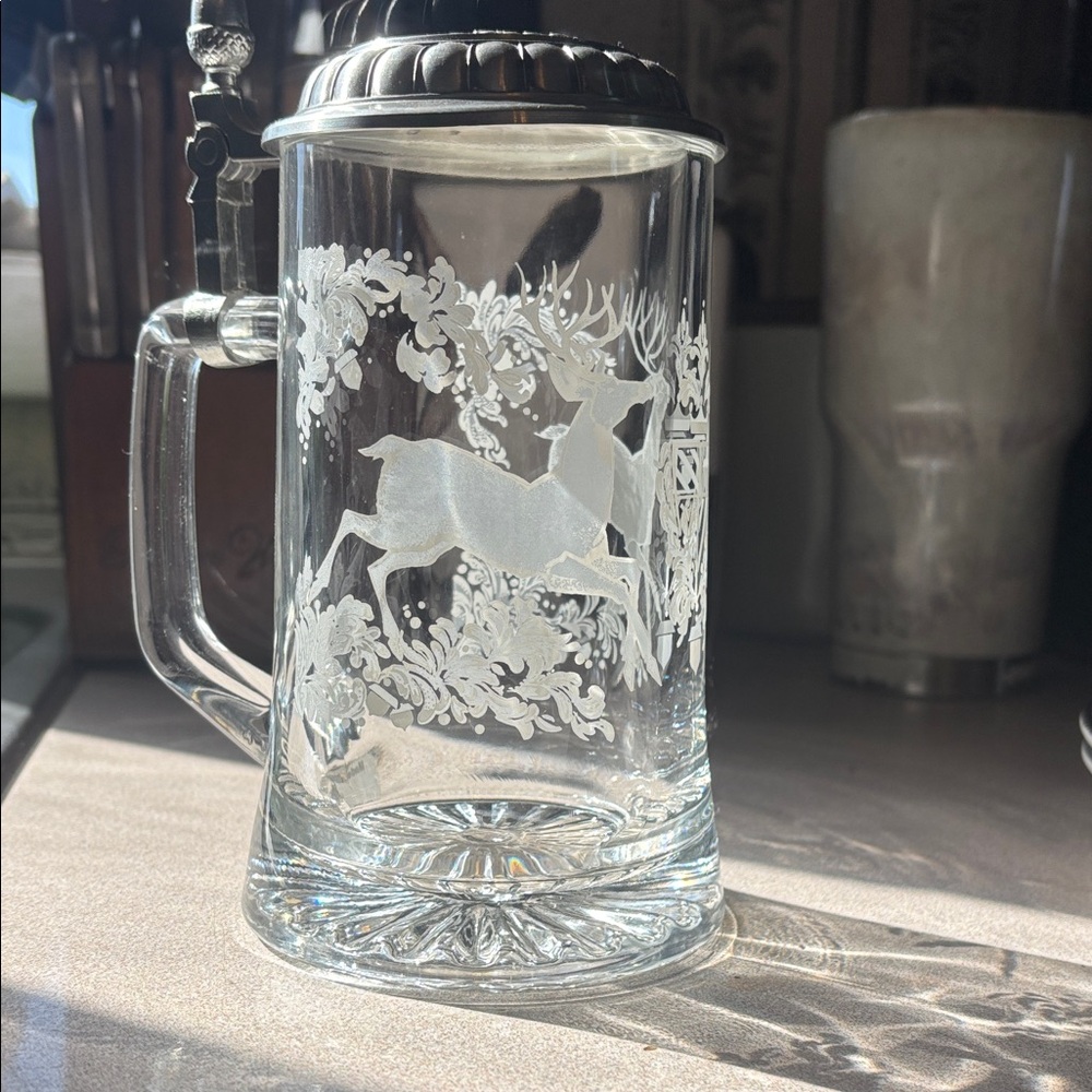 Etched Glass Beer Stein with Pewter Lid - Deer Motif
